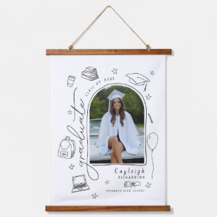 Black White Retro Hand Drawn Photo Graduation Hanging Tapestry