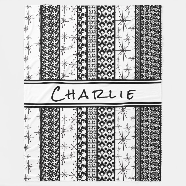 Black & White Retro Pattern Stripes 1 Fleece Blanket (Front)