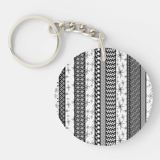 Black & White Retro Pattern Stripes 1 Key Ring (Front)