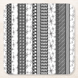 Black & White Retro Pattern Stripes 1 Square Paper Coaster