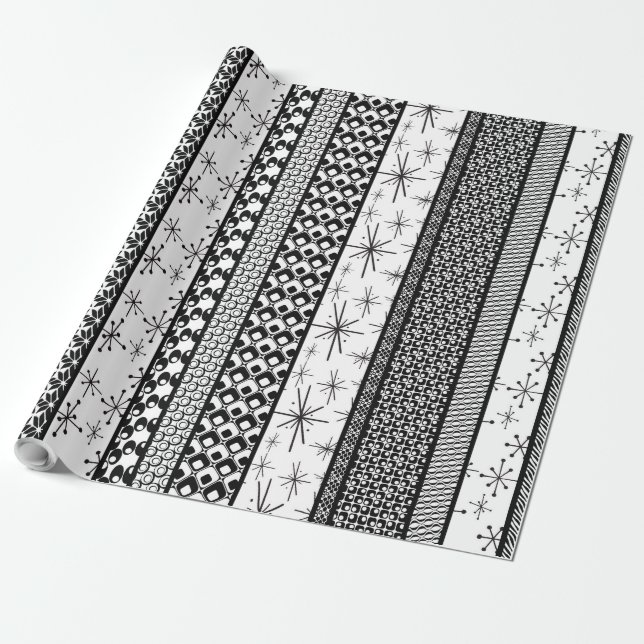 Black & White Retro Pattern Stripes 1 Wrapping Paper (Unrolled)