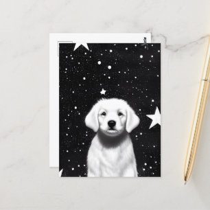 Black & White Retro Puppy & Big Stars Postcard