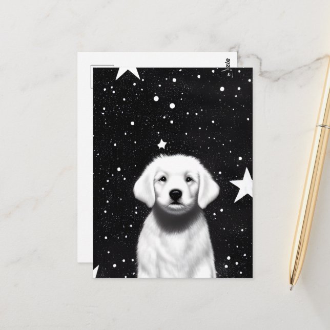 Black & White Retro Puppy & Big Stars Postcard (Front/Back In Situ)