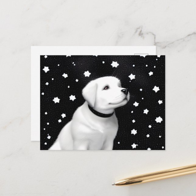 Black & White Retro Puppy & Stars Postcard (Front/Back In Situ)