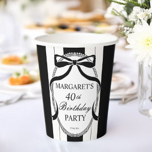 Black white retro stripes bow birthday monogrammed paper cups