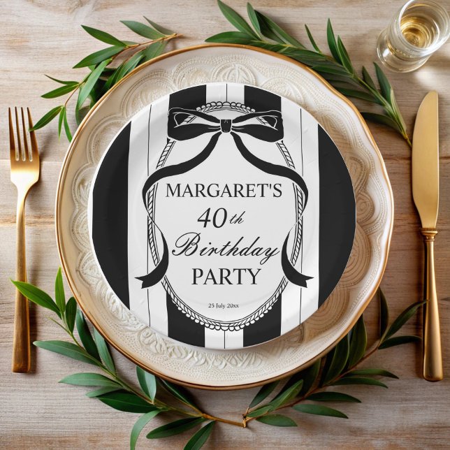 Black white retro stripes bow birthday monogrammed paper plate (Black white retro stripes bow birthday monogrammed paper plates personalized birthday party decor)