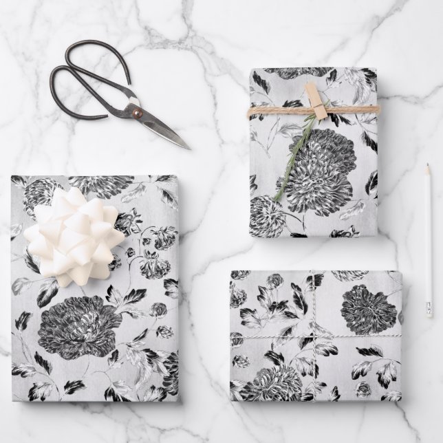 Black & White Reverse Dahlias Floral Vine  Wrapping Paper Sheet (Front)