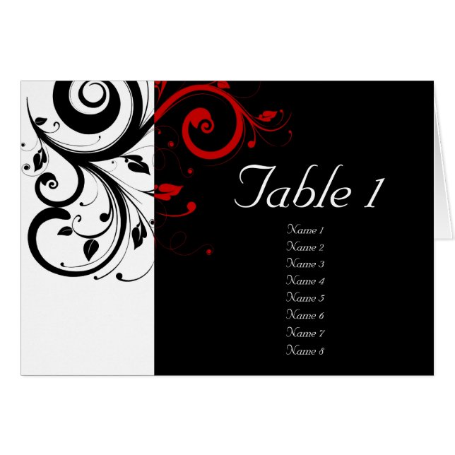 Black + White Reverse Red Swirl Table Cards (Front Horizontal)