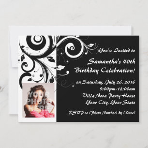 Black+White Reverse Swirl 40th Photo Invitations