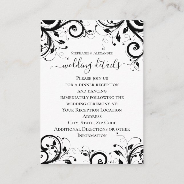 Black + White Reverse Swirl Reception Details Enclosure Card (Front)