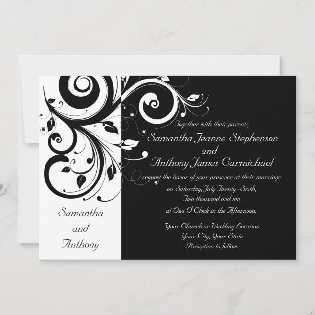 Black + White Reverse Swirl Wedding Invitations (Front)