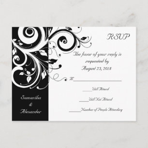 Black +White Reverse Swirl Wedding RSVP Postcard