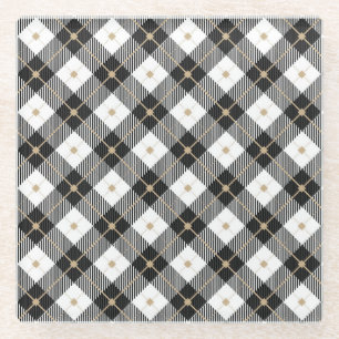 Black White Rhombus Lines Stripes Geometric Lumber Glass Coaster
