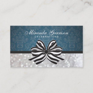 Black White Ribbon / Blue Damask Business Card