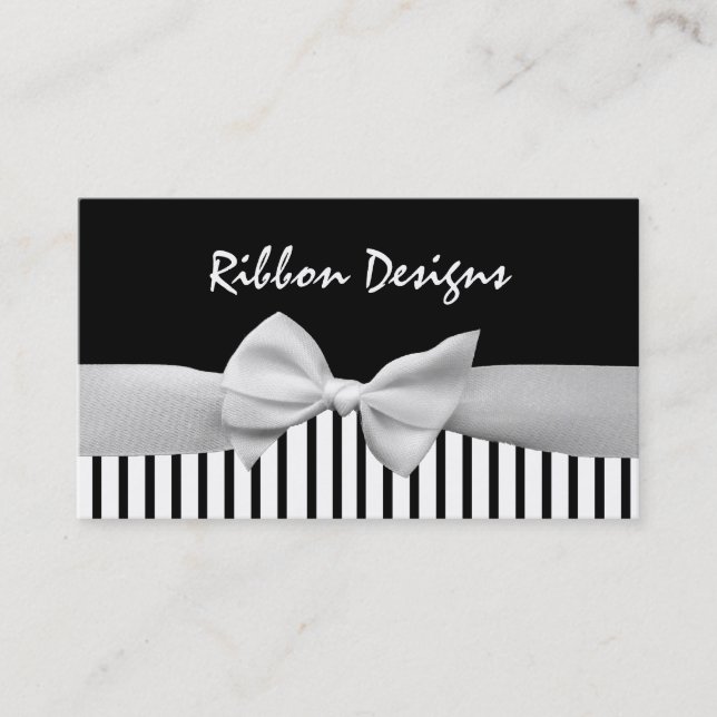 Black & white ribbon bow and stripes business card (Front)