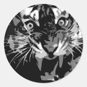Black & White Roaring Tiger Classic Round Sticker