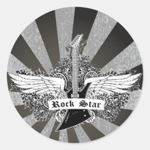 Black white Rock star electric guitar wings Classic Round Sticker