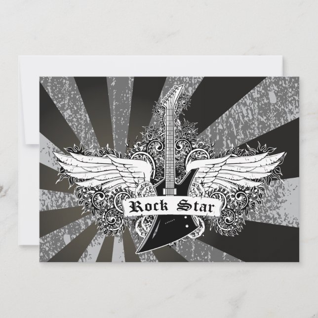 Black white Rock star electric guitar wings Invitation (Front)