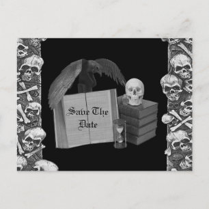 Black & White Romance Skull Spellbook Wedding Announcement Postcard