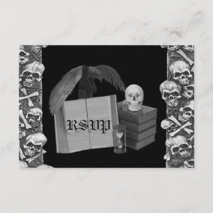 Black & White Romance Skull Spellbook Wedding RSVP Card