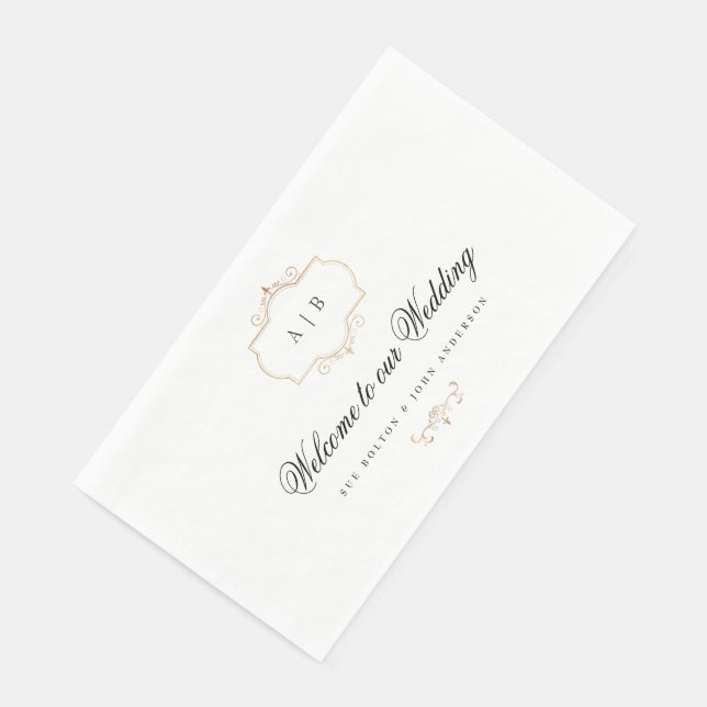 black white romantic classic gold monogram wedding napkin (Corner)