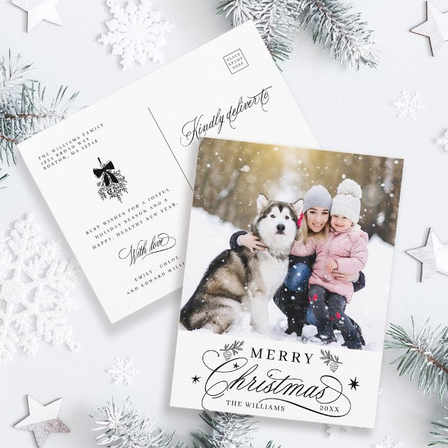 Black & White Romantic Merry Christmas Photo Postcard (Front & Back
)