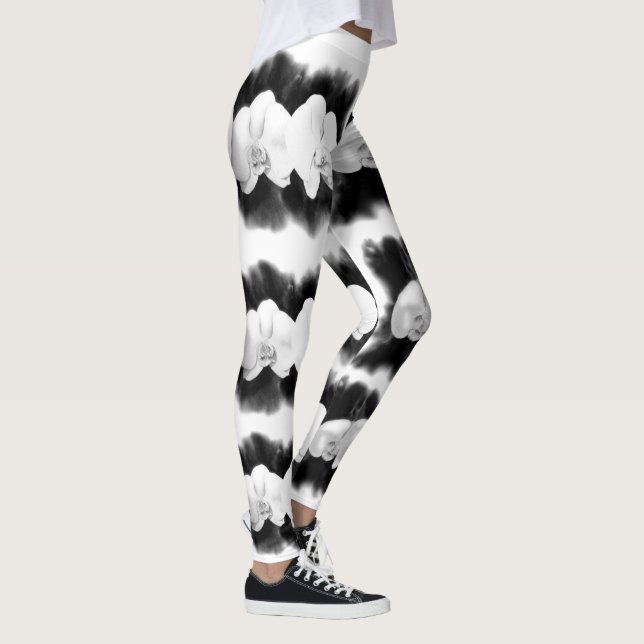Black White romantic watercolor Orchids Leggings (Right)