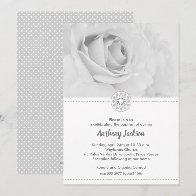 Black & White Rose Christening, Baptism Invitation (Front/Back)