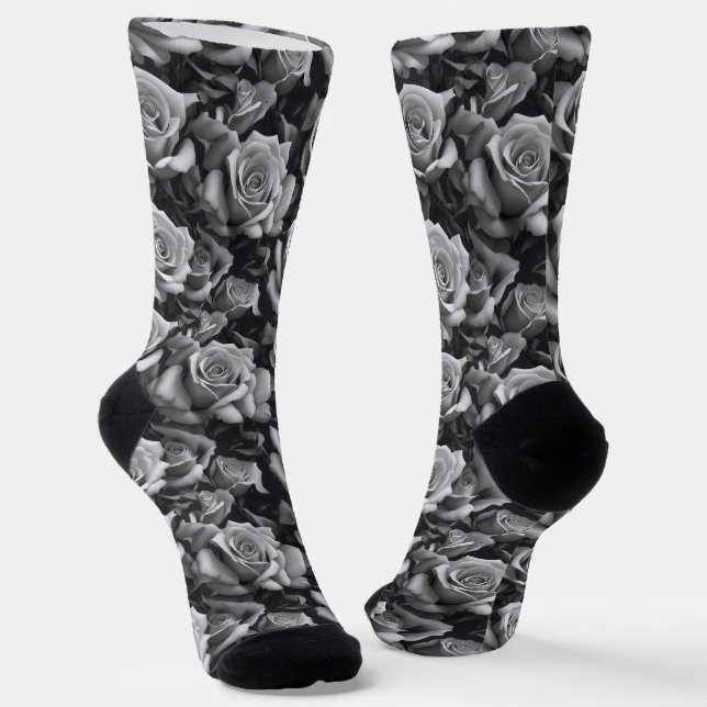 Black & White Rose Crew Socks (Angled)
