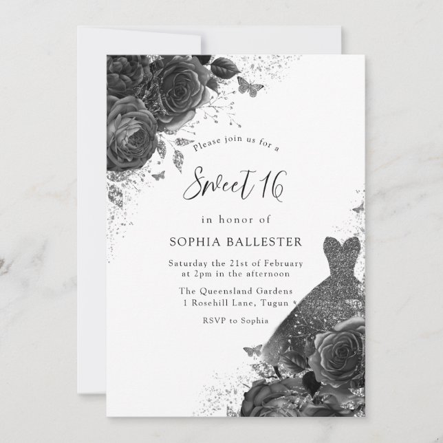 Black & White Rose & Dress Vintage Sweet 16 Invitation (Front)