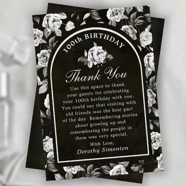 Black White Rose Floral Arch 100th Birthday Thank You Card (Creator Uploaded)