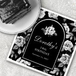 Black White Rose Floral Arch 18th Birthday Party Napkin<br><div class="desc">Elegant 18th birthday party cocktail napkin features a chic black and white rose floral background. A black arch edged in white contains the birthday celebrant's name written in a traditional script, 21st birthday and the date. A white rose decorates the inside of the arch. All text is editable. This item...</div>