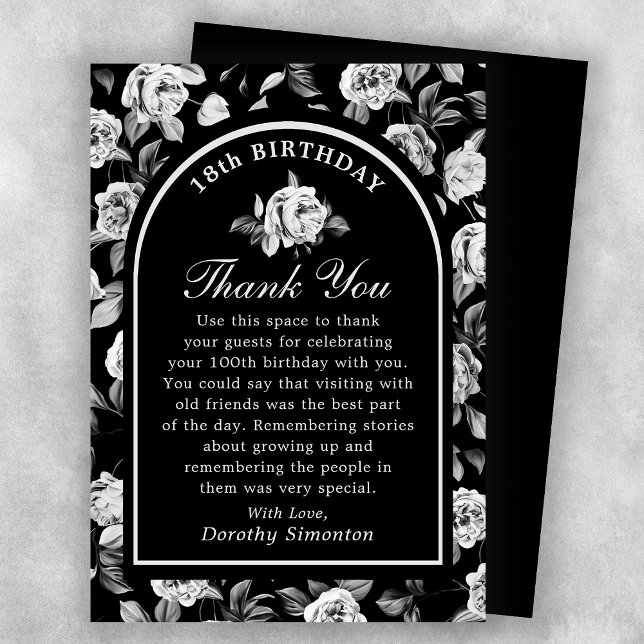 Black White Rose Floral Arch 18th Birthday Thank You Card (Creator Uploaded)