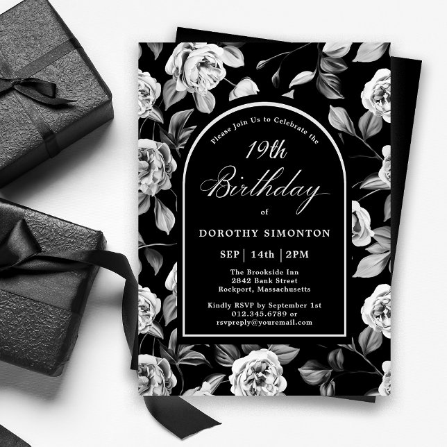 Black White Rose Floral Arch 19th Birthday Invitation (Creator Uploaded)