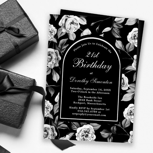 Black White Rose Floral Arch 21st Birthday Invitation (Creator Uploaded)