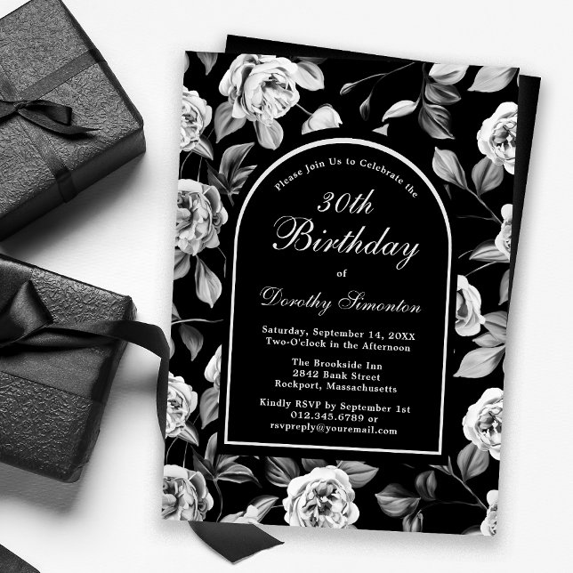 Black White Rose Floral Arch 30th Birthday Invitation (Creator Uploaded)