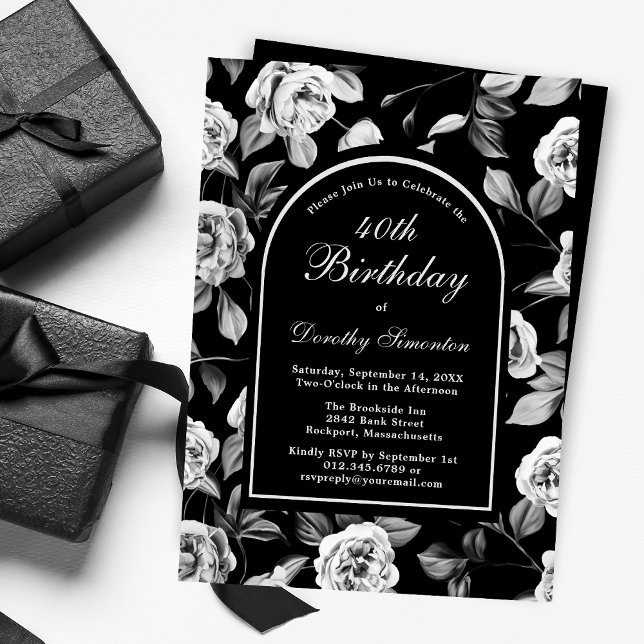 Black White Rose Floral Arch 40th Birthday Invitation (Creator Uploaded)