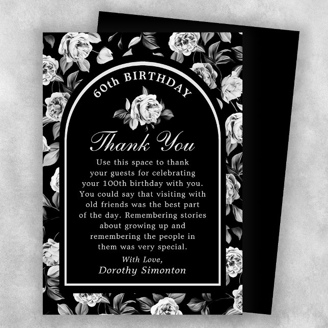 Black White Rose Floral Arch 60th Birthday Thank You Card (Creator Uploaded)