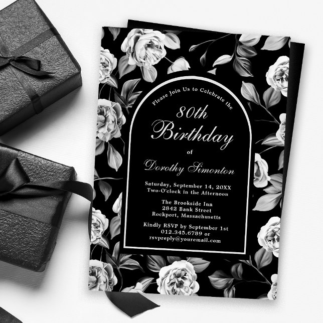 Black White Rose Floral Arch 80th Birthday Invitation (Creator Uploaded)