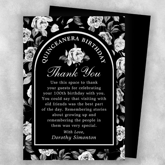 Black White Rose Floral Arch Quinceanera Thank You Card (Creator Uploaded)