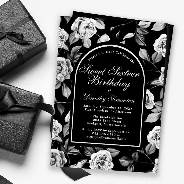 Black White Rose Floral Arch Sweet Sixteen Invitation (Creator Uploaded)