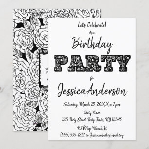 Black White Rose Floral Birthday Invitation