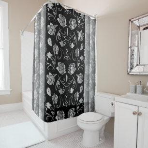 Black & White Rose Floral Panels Shower Curtain