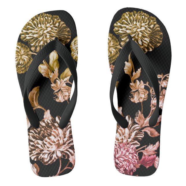 Black & White Rose Gold Botanical Floral Toile Flip Flops (Footbed)