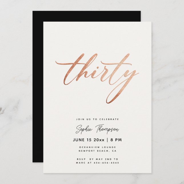 Black White Rose Gold Classy Elegant 30th Birthday Invitation (Front/Back)
