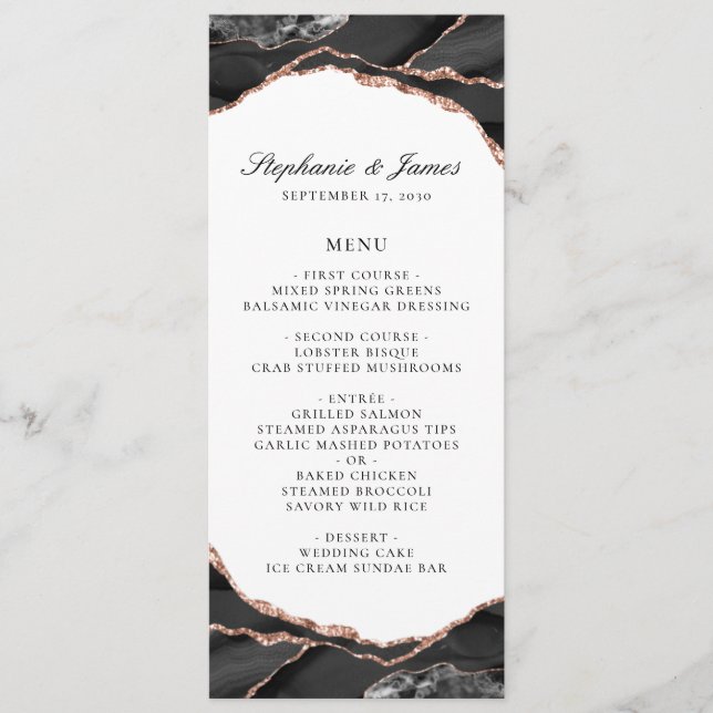 Black White Rose Gold Foil Agate Wedding Menu (Front)