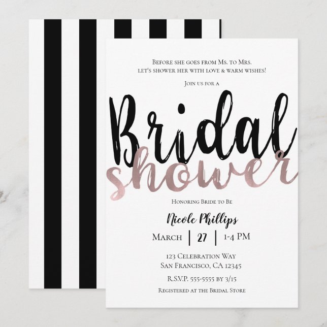 Black White Rose Gold Modern Glam Bridal Shower Invitation (Front/Back)