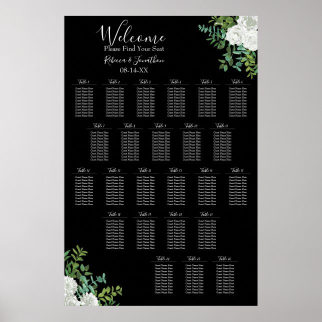 Black & White Rose Gothic Wedding 24 Seating Chart (Front)