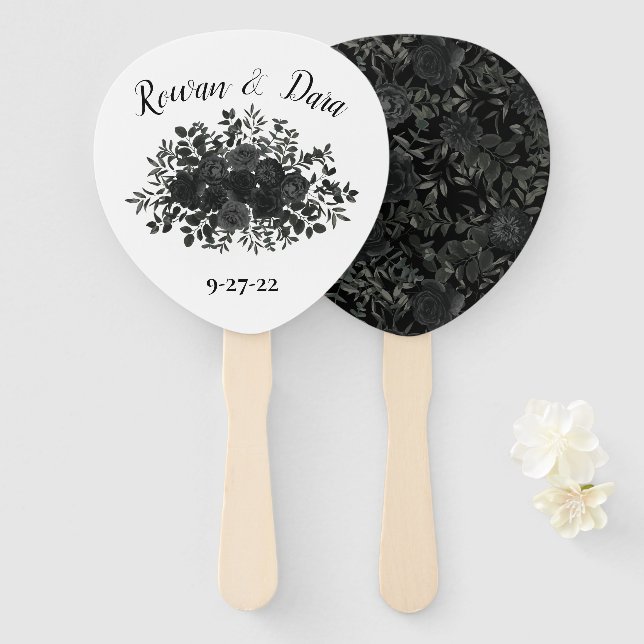 Black White Rose Gothic Wedding Hand Fan (Front and Back)