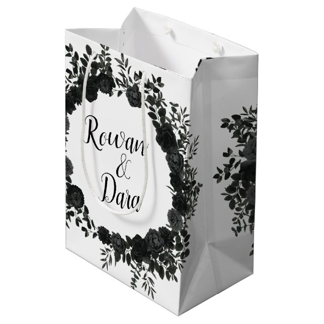 Black White Rose Gothic Wedding Medium Gift Bag (Back Angled)